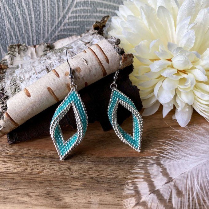 Boucles d’oreilles en perles Miyuki, forme feuille, bleu turquoise & argenté