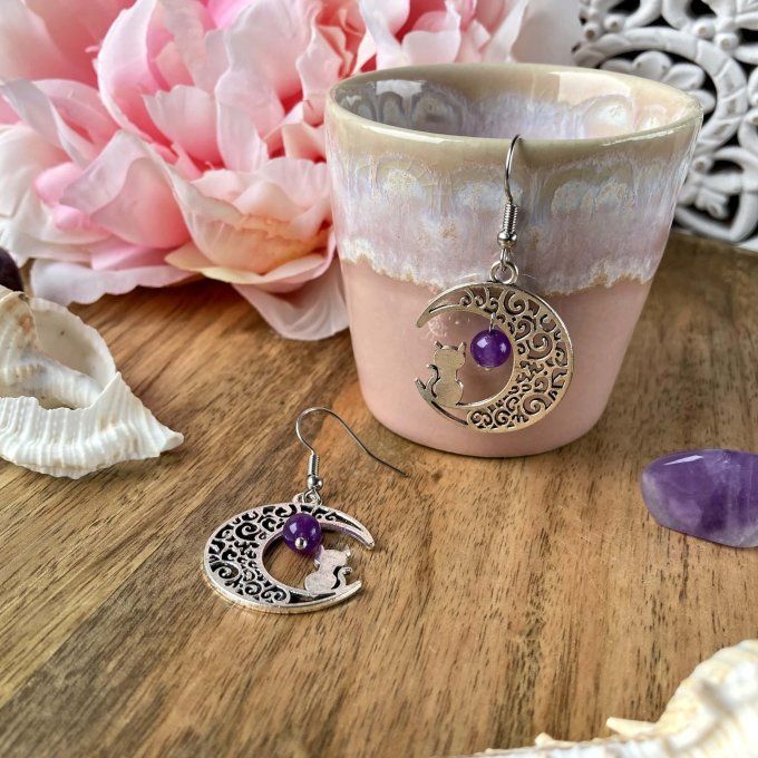 Boucles d'Oreilles Lune ou Lune Chat, Améthyste