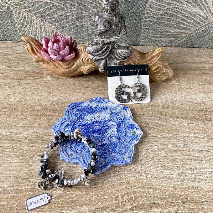 Coffret cadeau – Coupelle mandala bleue et argentée, bracelet jonc et boucles d'oreilles Lune