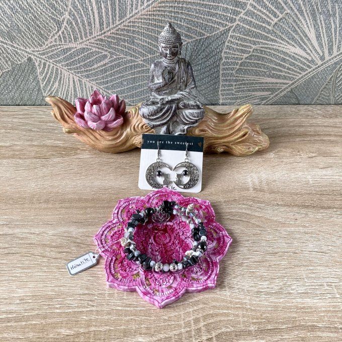 Coffret cadeau – Coupelle mandala rose et dorée, bracelet jonc et boucles d'oreilles Lune